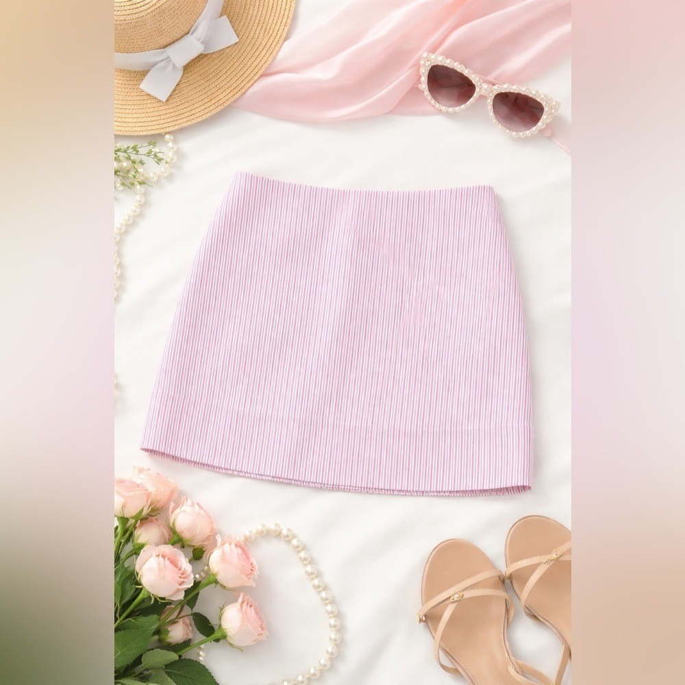 Castaway Nantucket Island Pink Blue Striped Skirt 4 Seersucker Cotton Preppy